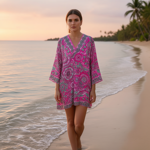Camisa de playa de manga media estilo mandala, 88x54cm, vestido de baño con cuello en V - Product Image 3
