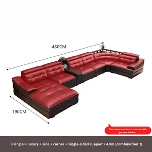 Lujo chino en forma de U marco de madera maciza sofá de cuero de lujo Villa sala de estar sofá de cuero conjunto de muebles - Product Image 6