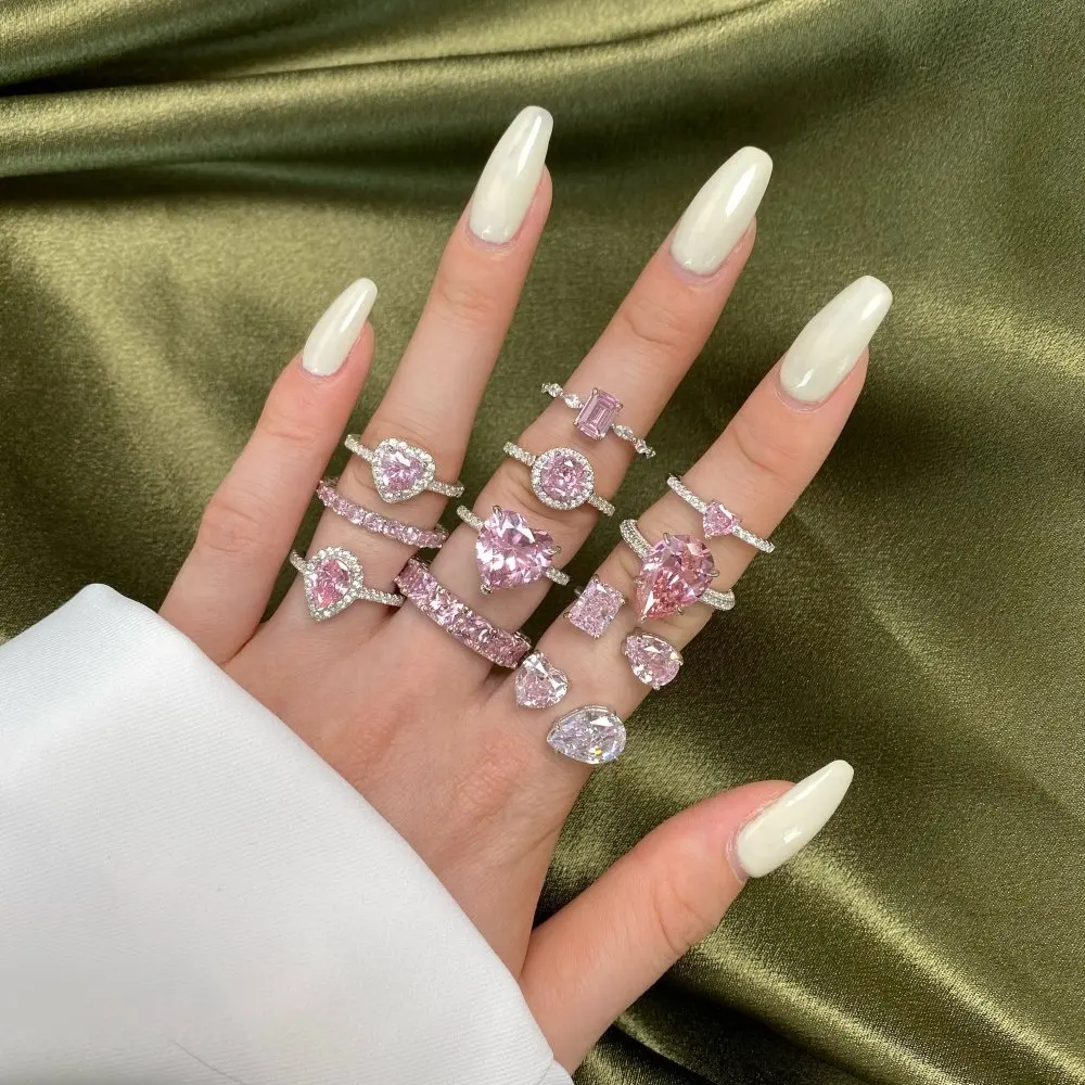 OEM S925 cincin perak murni Wanita cahaya mewah indah persik hati merah muda berlian tinggi perhiasan cincin
