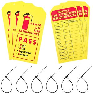 Etiquetas de inspección para extintores de incendios, tarjetas de registro mensuales de polipropileno amarillo con instrucciones y cordones - Product Image 1