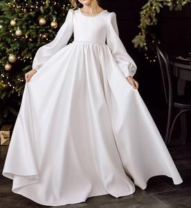 小女孩灯笼袖褶连衣裙女孩珍珠蝴蝶结连衣裙 - Product Image 1