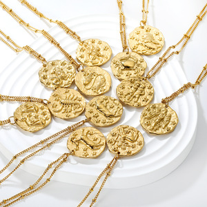 Collar con colgante de doce constelaciones de acero inoxidable para mujer, regalo con diseño redondo irregular - Product Image 2
