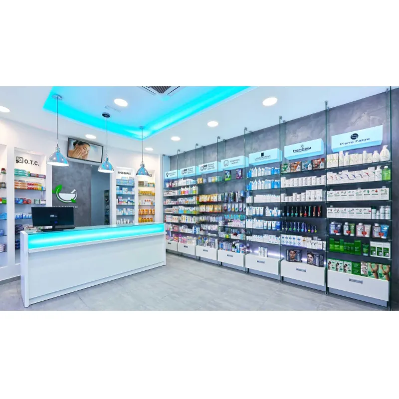 โรงงานราคาขายปลีก Pharmacy Shop ภายในออกแบบเครื่องสำอางค์ Pharmacy ชั้นวางสำหรับ Pharmacy