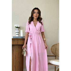 เดรสผ้าลินินสีชมพู คอวี ทรงเอ เอวธรรมชาติ ระบายอากาศได้ดี เหมาะสำหรับใส่ทุกวัน สไตล์ลำลอง ผ้าทอ - Product Image 3