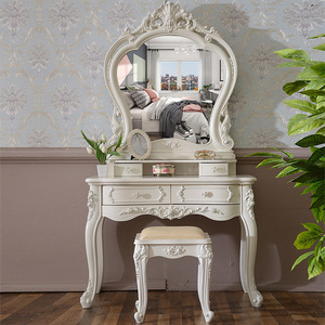 Mueble de tocador antiguo de estilo europeo, juego de tocador <span class=keywords><strong>con</strong></span> <span class=keywords><strong>espejo</strong></span> y taburete, mesa de maquillaje de madera de alta calidad - Product Image 2
