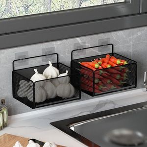 White Metal Wall Mounted <b>Storage</b> <b>Basket</b> Rectangle Easy Installation Kitchen Vegetable Ginger Garlic Holder - Product Image 3