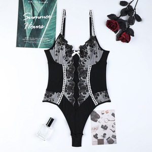Hot Floral Embroidered Patchwork Elastic Suspender Bodysuit New Design Bow Jumpsuit With Fishnet <b>Stockings</b> - Product Image 6