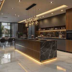 Cuisine moderne noire de luxe avec grand îlot et plafond vitré, espace de séjour luxueux, intérieur de maison de luxe, hotte de cheminée en acier inoxydable - Product Image 5