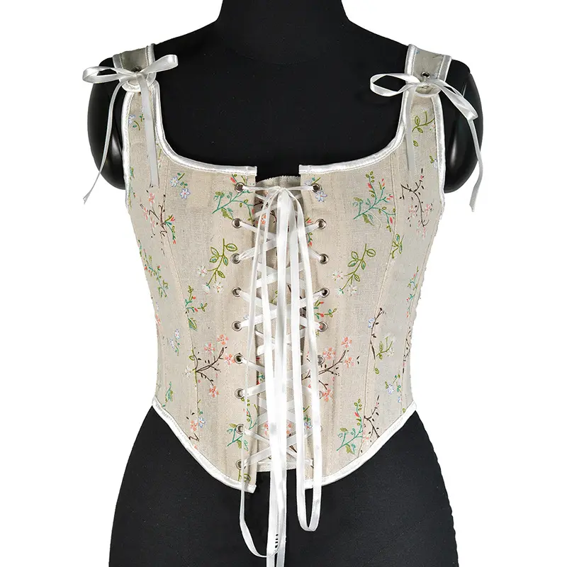 2023 New Fashion Vintage Lace Up Corset Woman Floral Crop Tops Renaissance Floral Embroidered Bustier Crop Tunica vest mujer