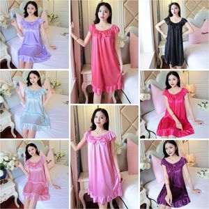 Camisón de Verano de Seda Helada para Mujer, Manga Corta, con Encaje <span class=keywords><strong>y</strong></span> Lazo, Ropa de Dormir hasta la Rodilla, Elegante Vestido de Noche para Dama - Product Image 4