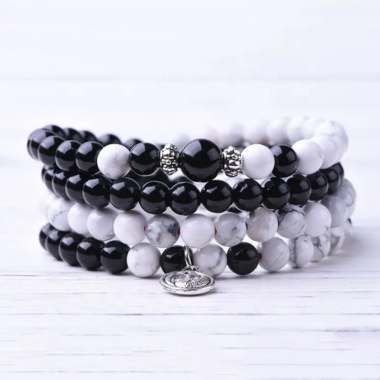 Tibetan Buddhist White howlite Black onyx Stone Beads With yinyang Charm 108 Mala For Man And Woman Necklace Jewellery