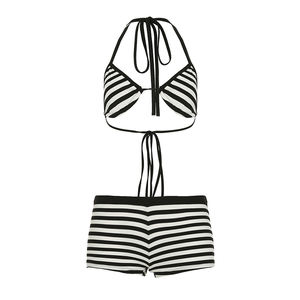 Conjunto de Dos Piezas de Punto con Cordones y Rayas de Playa - Top Halter Sexy y Shorts a Juego con Lazos en Contraste, Atuendo de Vacaciones al por Mayor - Product Image 6