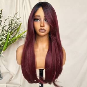 Perruque synthétique KEMY HAIR lisse et soyeuse avec frange, en fibre résistante à la chaleur, sans colle, avec raie en L, couleur bordeaux, pour femme - Soldes à 7$ - Product Image 4
