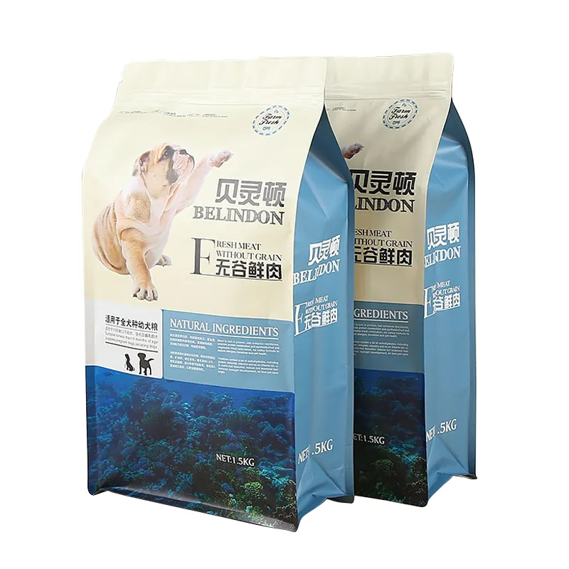 Customized logo Eight Sided Sealed stand up pet food cat litter packaging zipper bag with window Free design