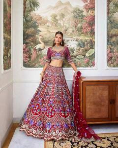 <b>Red</b> Embroidered Modern <b>Lehenga</b> Choli Dupatta Satin Silk Bridal Outfit Floor Length Women Party <b>Wedding</b> Wear All Seasons - Product Image 3