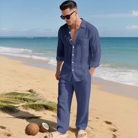 Ensemble décontracté de plage en lin pour homme : chemise ample à revers et pantalon long – Respirant, doux, confortable, tenue de loisirs polyvalente