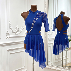 Robe de danse contemporaine bleue à strass, à manche unique, pour spectacle sur scène, tenue de danse asymétrique en maille pour femme - Product Image 3