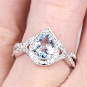 Halo 6x8mm Teardrop Unendlichkeit Twisted Versprechen Band 14 K/18 K Weiß Gold Aquamarin Verlobung Ringe mit Diamanten - Product Image 4