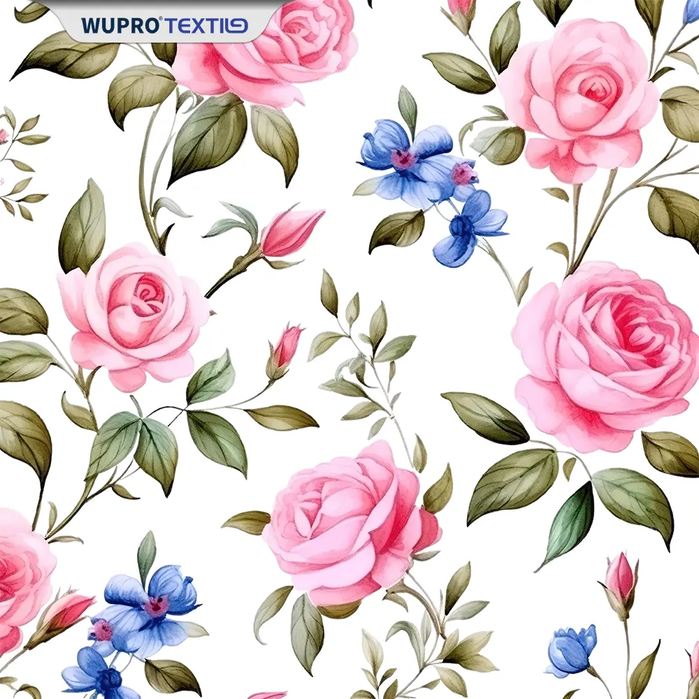 Printtek produsen tenun digital 100 bahan poliester pola bunga kain cetak mawar merah untuk gaun