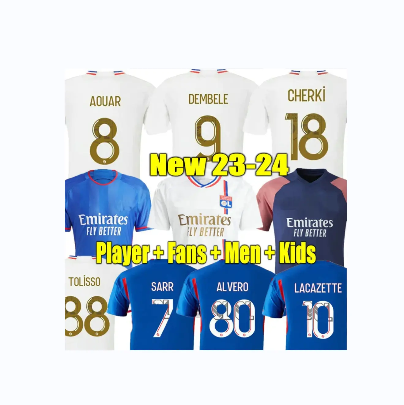 LACAZETTE Maillots de football 23 24 lyon Maillot de foot SARR CHERKI maillots de football 2023 2024 CAQUERET homme kits enfants