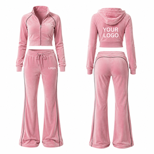 Y2k Women’s Custom logo Women <b>Tracksuit</b> Velour Jogger Set Cropped Zip Hoodie OEM ODM - Product Image 2