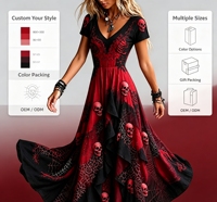 Robe mini fluide vintage pour femme, noire et rouge, à imprimé crâne et toile d'araignée, col mandarin, épaules dégagées, taille empire, avec logo frontal, hiver