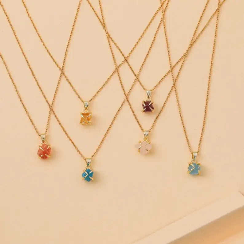 Amethyst Rose quartz Clear quartz Necklace,Custom Rough Raw crystal Necklace,Dainty 14K Gold Birthstone Pendant