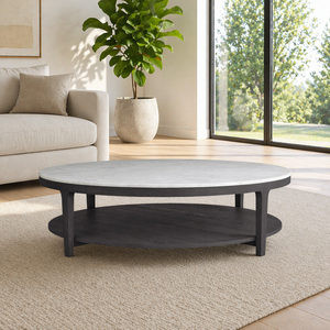 Mesa de Centro Redonda Sovereign de Mármol Carrara, Mesa de Centro de Roble Carbón de 2 Niveles, Juego de Cóctel Moderno Orgánico Estilo Arhaus de Lujo - Product Image 1