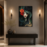 Toile murale avec portrait de femme en effet 3D, art moderne avec rose rouge, peinture sur toile élégante pour la décoration de la maison