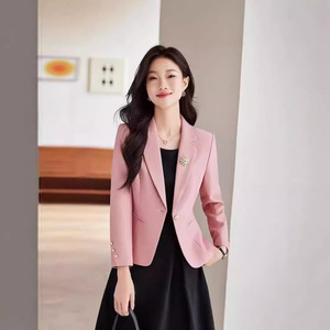 Women's Apricot Short Blazer Solid Color Polyester Anti-Wrinkle Korean Style Spring Autumn Casual Top - Product Image 2