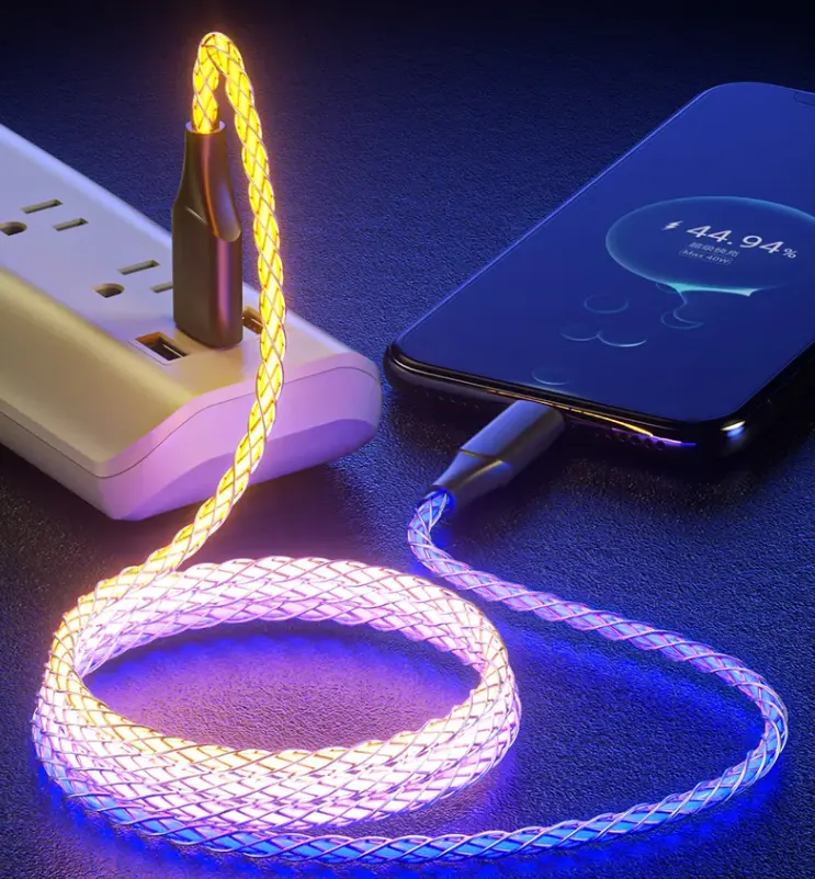 RGB 7 Colors Gradual Shining LED Glow Flowing 66w data Cable Luminous Lighting Fast Charging cable For iPhone Android