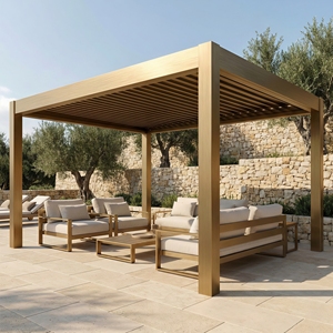 Pergola de luxe en aluminium couleur or champagne, abri élégant à finition mate pour villa haut de gamme et jardin de luxe, gazebo <span class=keywords><strong>Louvre</strong></span> - Product Image 1