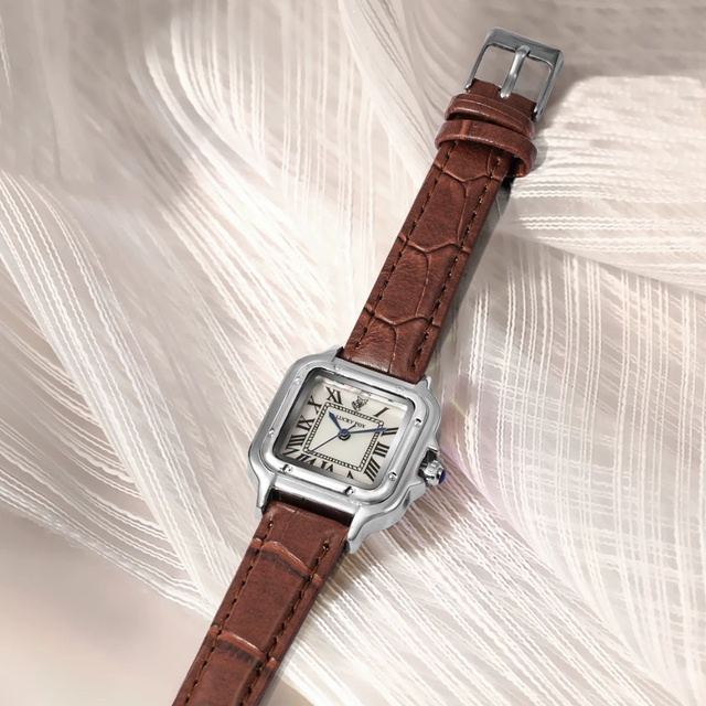 Tomi Luckyfox L23 Simple Women's Quartz Watches Silver Square Case Leather Band Wristwatch for Ladies Fashionable Business Watch