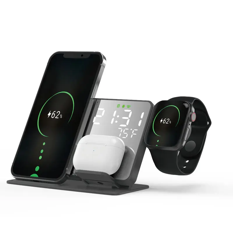 Caricabatterie Wireless veloce digitale multifunzionale da 15W 3 in 1 stazione di ricarica Wireless per iPhone 14 Watch per Airpods per Samsung