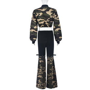 Conjunto de 2 Piezas para Mujer, Camuflaje, Manga Larga, Cintura Descubierta, Pantalón de Mezclilla Elástica con Cinturón, Personalizado, a la Moda - Product Image 6