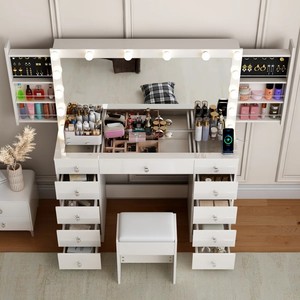 Professional <strong>Vintage</strong> Wood Vanity Desk for Makeup with Glass Top, <strong>Dressing</strong> <strong>Table</strong> with Mirror Light and Bluetooth for Bedroom - Product Image 6