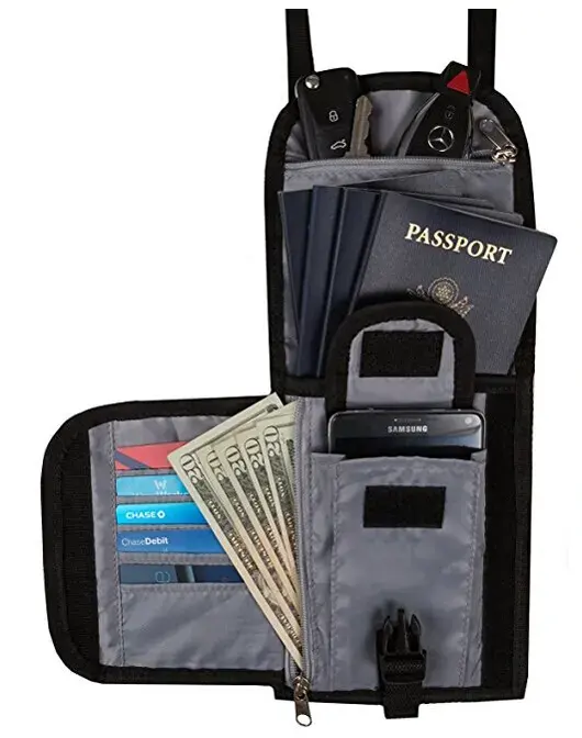 Venta caliente promocional RFID documento organizador cuello bolsa viaje cartera tarjetero