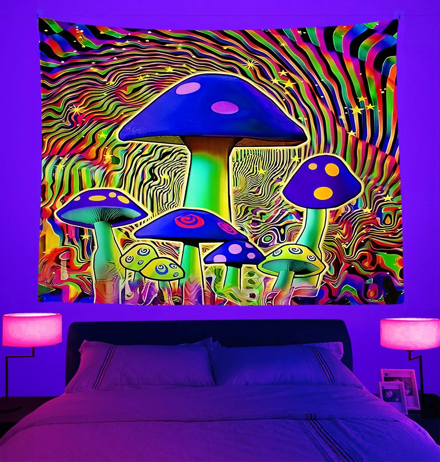 Tenture murale champignon Tapisserie Décoration de chambre Tapisserie murale esthétique Hippie lumineuse Tapisserie fluorescente psychédélique