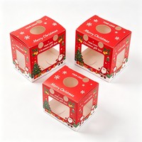 Boîte cadeau de Noël rouge, boîte carrée en carton blanc avec fenêtre, design festif classique, boîte d'emballage avec impression de Père Noël