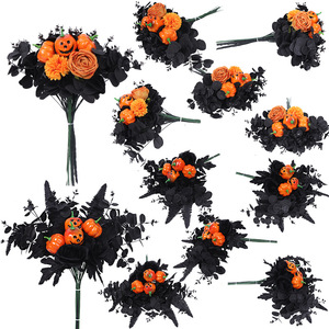 Ramo decorativo de Halloween fácil de conseguir, flores de seda, hojas negras, calabazas naranjas para el hogar, boda, accesorios para exteriores - Product Image 1