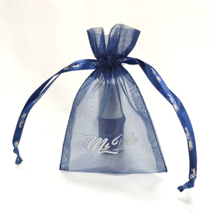 Custom Navy Blue Organza Gift Cosmetic Packaging Drawstring Bags with Logo on Bag and <b>Strings</b> Fuchen Brand Model OP - Product Image 4