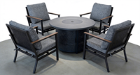Ensemble de repas d'extérieur moderne et portable en aluminium 4 places avec bras en bois de chêne et coussins gris moelleux pour les rassemblements en parc et sur la terrasse