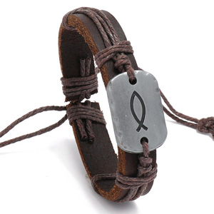 Bracciale in Pelle Intrecciata Fatto a Mano con Simbolo del Pesci per Ragazzi e Uomini, Stile Vintage, Vendita all'Ingrosso - Product Image 2