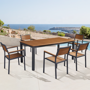 Moderno giardino portico mobili 7 pezzo di plastica <span class=keywords><strong>legno</strong></span> alluminio set <span class=keywords><strong>da</strong></span> pranzo Patio all'aperto <span class=keywords><strong>tavoli</strong></span> e sedie 6 posti - Product Image 1