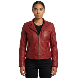 Veste en cuir rouge ajustée pour femme, col rabattu, style moto, coupe slim personnalisée, fermeture éclair intégrale, fournisseur en gros - Product Image 1