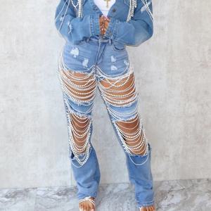 Pantalones Vaqueros Rectos de Cintura Alta con Botones y Perlas para Mujer, Pantalones de Mezclilla con Bolsillos para Mujer - Product Image 2