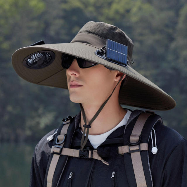 Men Wide Brim Solar Fan Hat Dual Electric Fans Sun Hat Quick Drying Solar Powered Cap Outdoor Protection