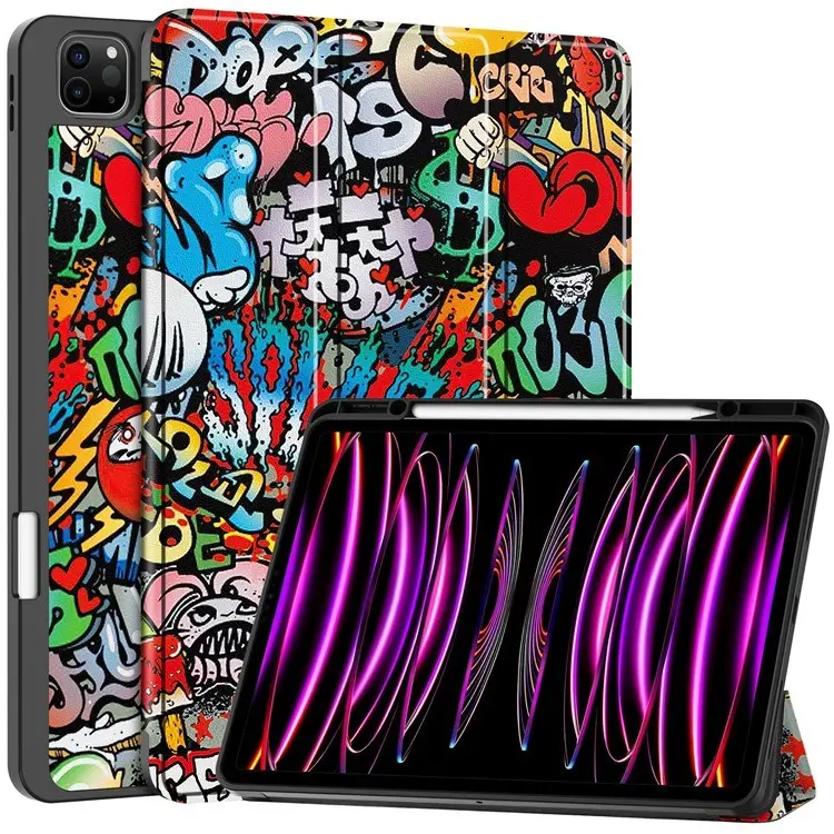 For iPad Air 13 (2024) tablet Case Pattern Printing Tri-fold Stand Leather Cover with Pen Slot Graffiti