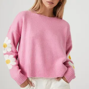 Sweater rajut pabrik desainer, Sweater wanita Pullover Jacquard pola bunga bahu jatuh leher Crew