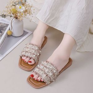Sandalias de Lujo para Mujer con Decoraciones de Perlas, Sandalias Planas Cómodas para Dama, Sandalias de Moda de Verano, Bonitas Sandalias Abiertas para Exteriores - Product Image 3
